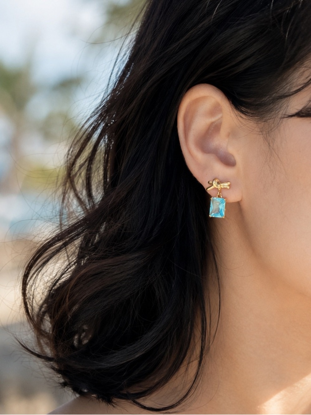 18K Gold Plated Blue Zircon Ribbon Drop Earrings